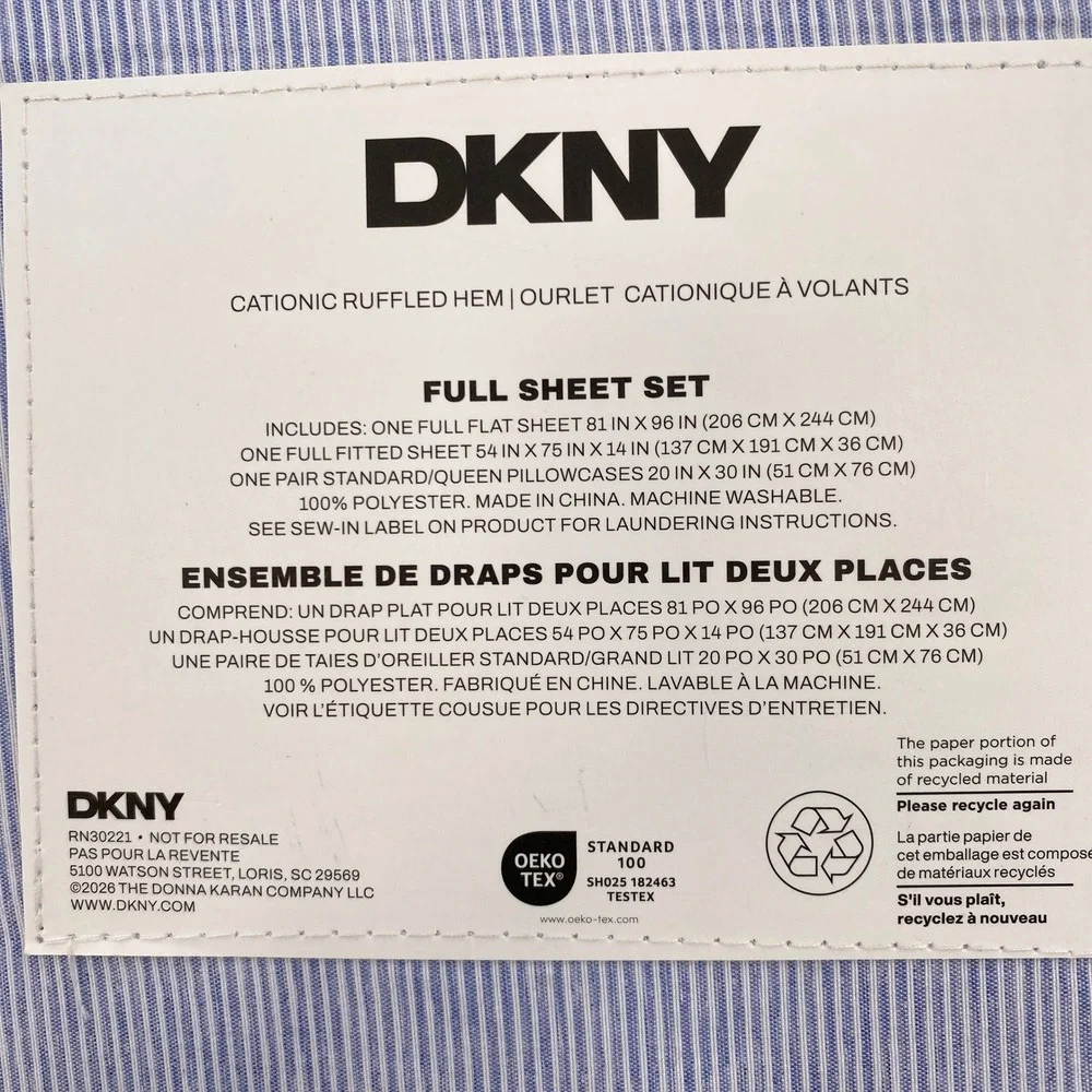 DKNY Sheet Set Full Blue White Pinstripe Ruffled Hem Bedding Chic Preppy Coastal